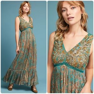 Anthropologie Ranna Gill Women’s Beaded Paisley Ruffled Hem Flowy Maxi Dress 12